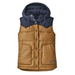 PATAGONIA Bivy Recycled Down Hooded Vest in nest brown / navy, size XS